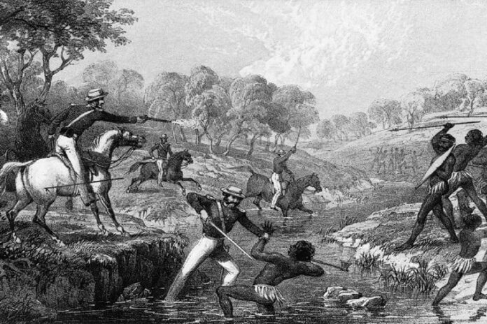 Avustralya'da Avrupalı yerleşimci sömürgecilerin Yerlileri öldürdüğü Waterloo Creek Katliamının Litografisi